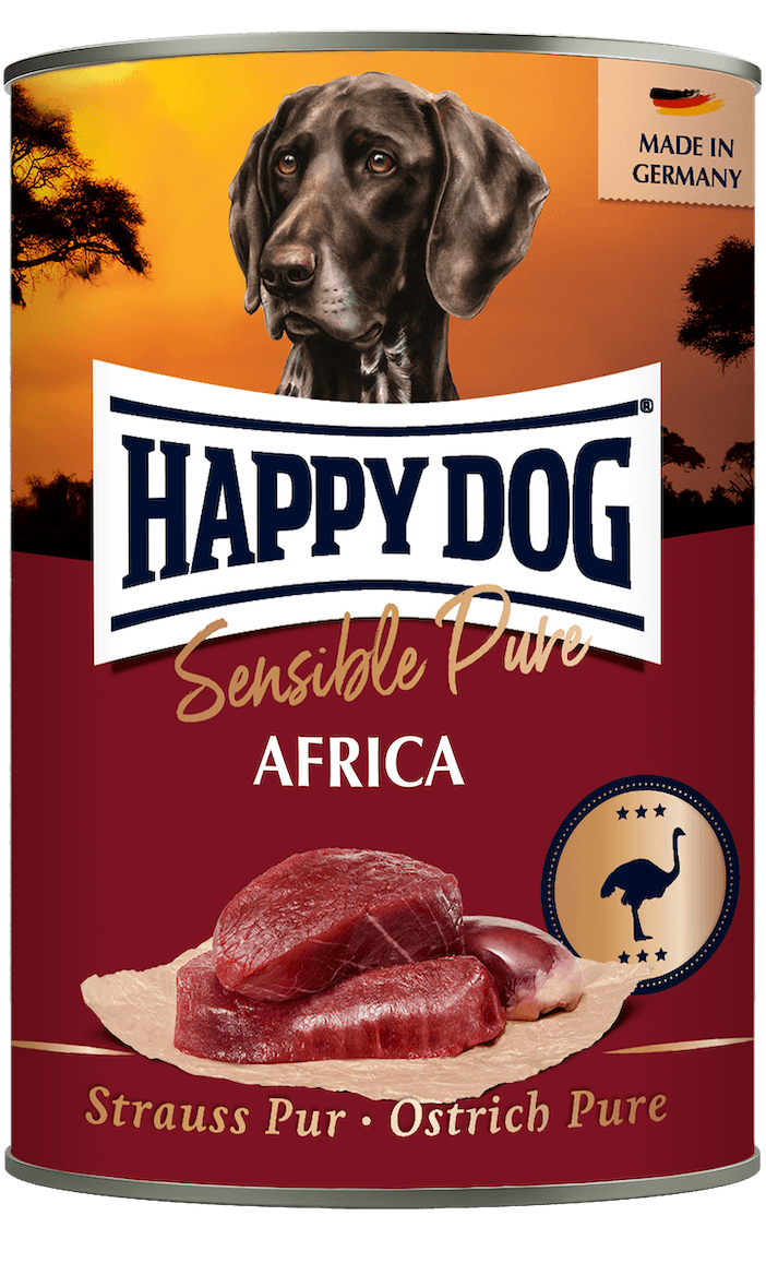 Happy Dog Pure Ostrich wet dog food tin, 100% ostrich single protein