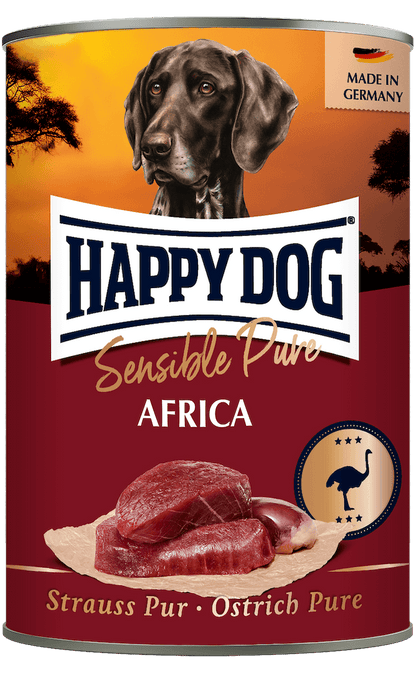 Happy Dog Pure Ostrich wet dog food tin, 100% ostrich single protein
