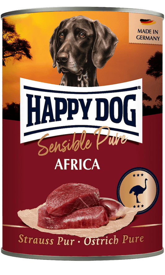 Happy Dog Pure Ostrich wet dog food tin, 100% ostrich single protein