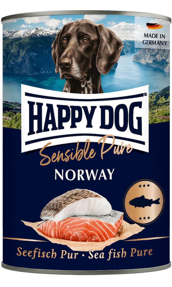 Happy Dog Pure Salmon wet dog food tin, 100% salmon single protein