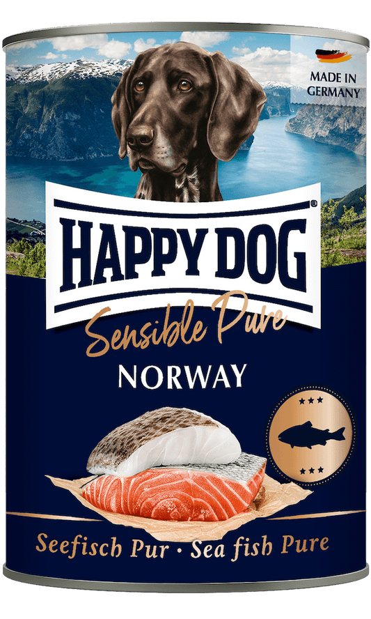 Happy Dog Pure Salmon wet dog food tin, 100% salmon single protein