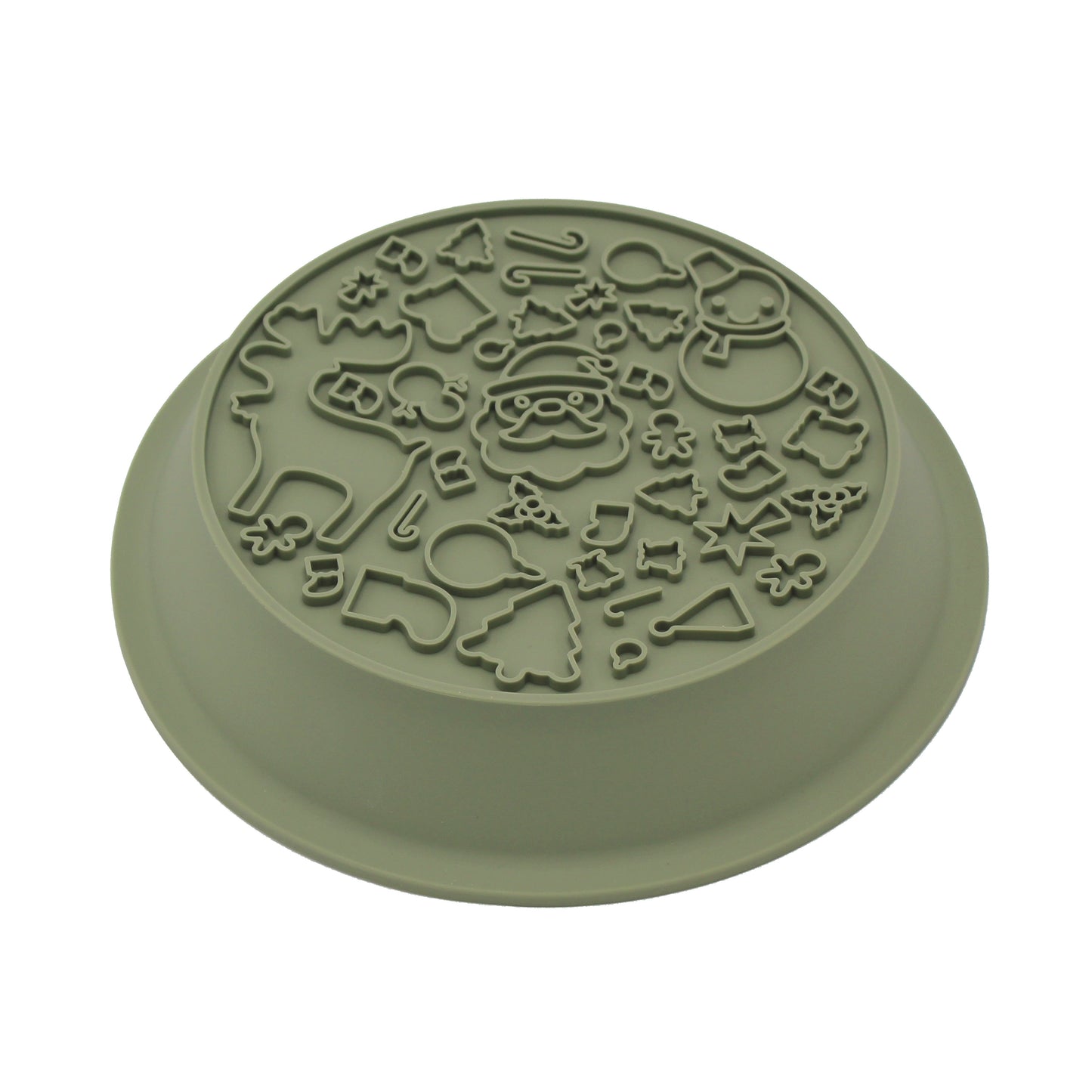 Angled view of the lick mat side of the green festive dog bowl, from Duke & Milo