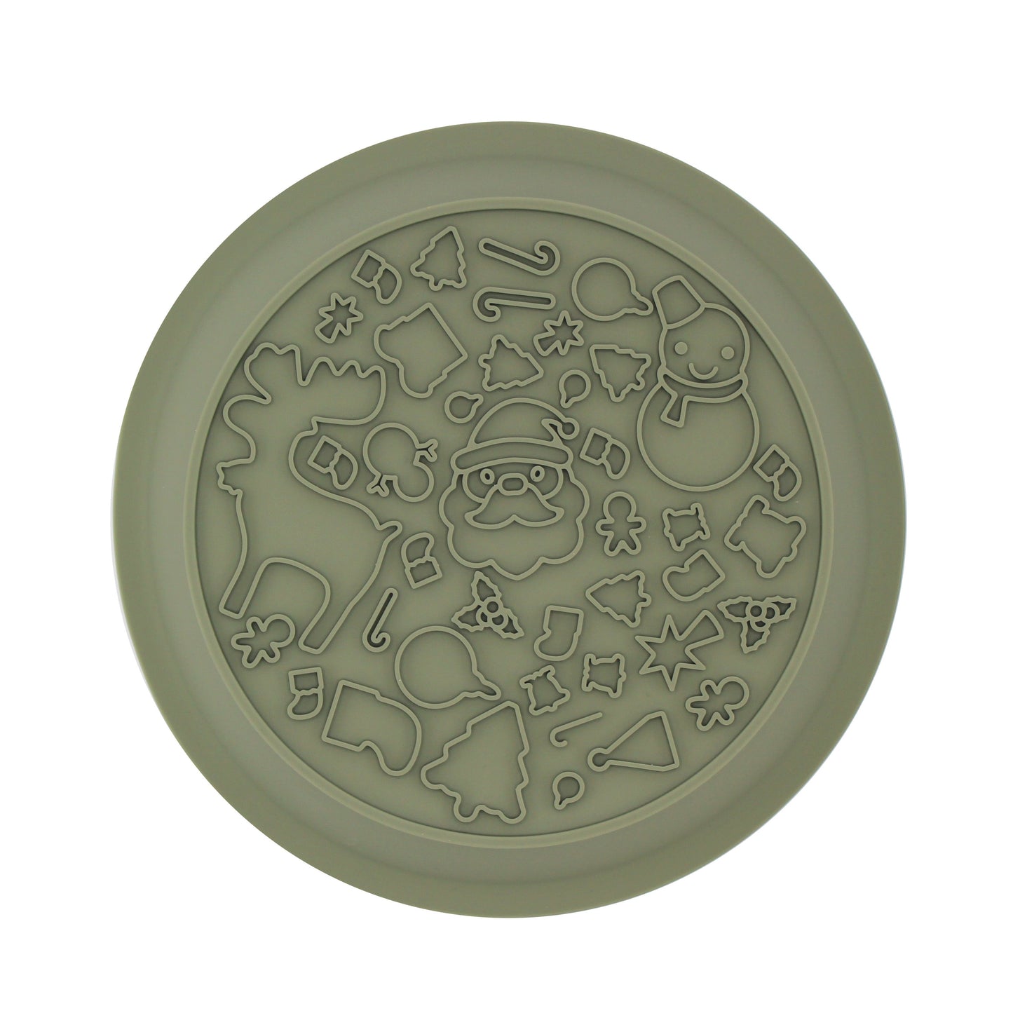 Lick mat side of the green festive dog bowl, covered in raised Christmas shapes