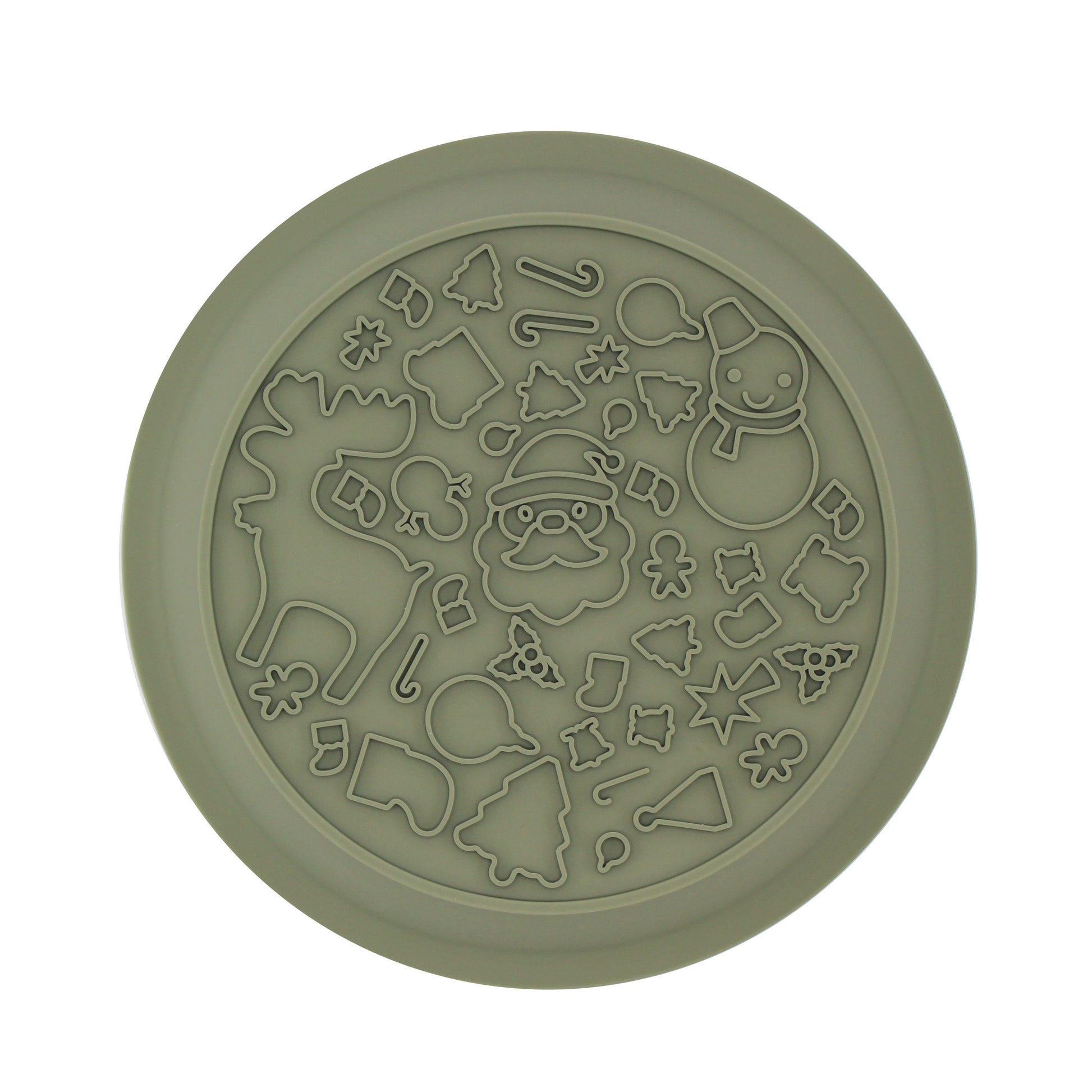 Lick mat side of the green festive dog bowl, covered in raised Christmas shapes