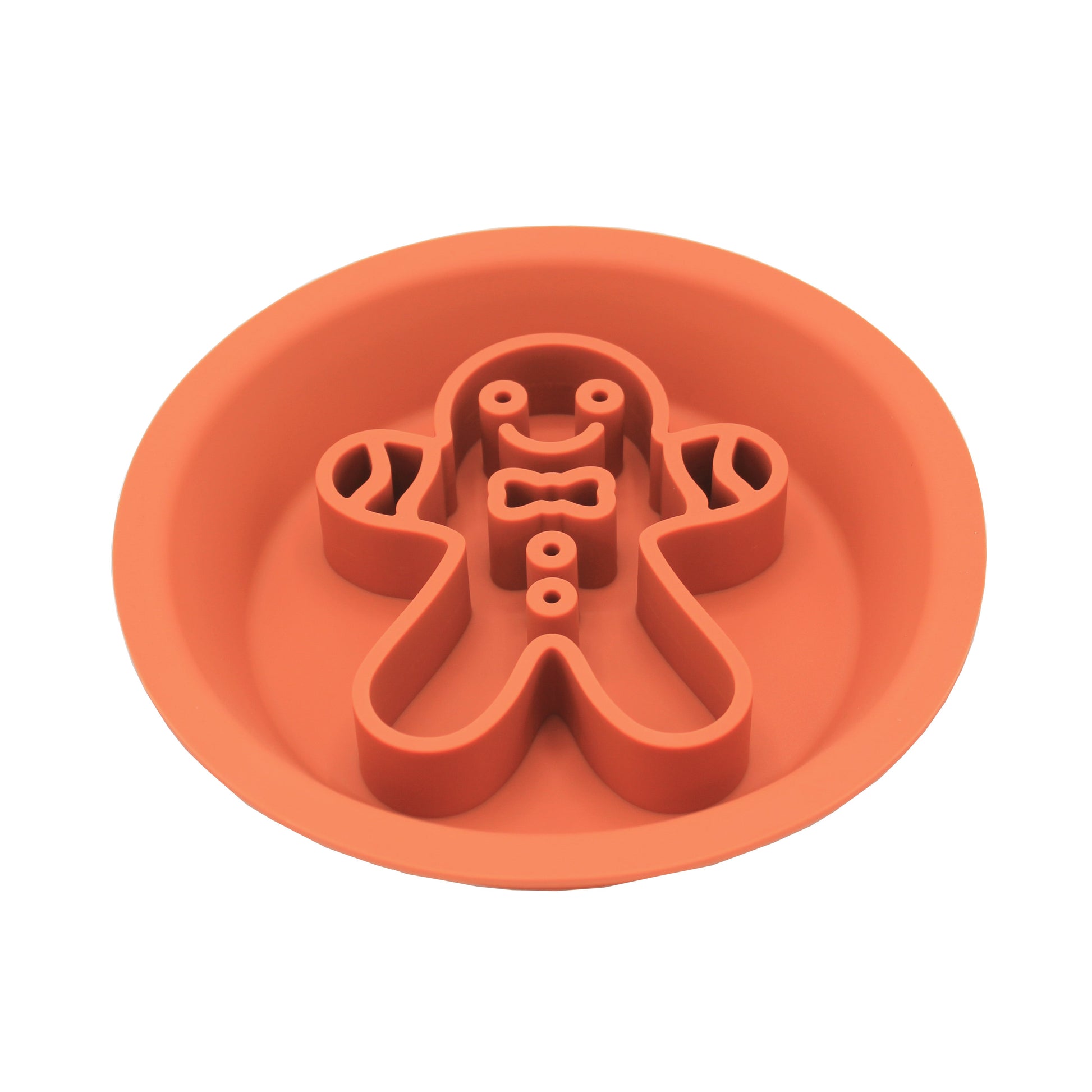 Orange gingerbread man slow feeder side of the festive dog bowl, from Duke & Milo
