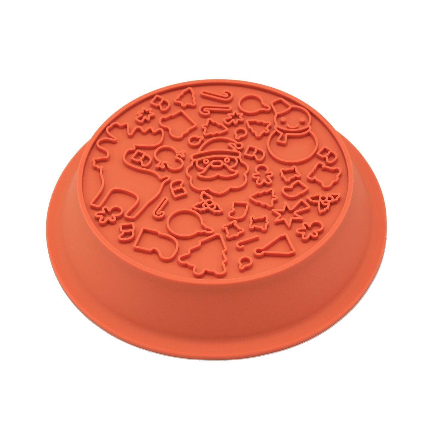 Angled view of the lick mat side of the orange festive dog bowl, from Duke & Milo