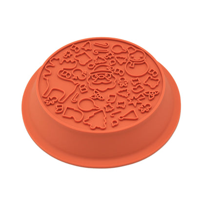 Angled view of the lick mat side of the orange festive dog bowl, from Duke & Milo