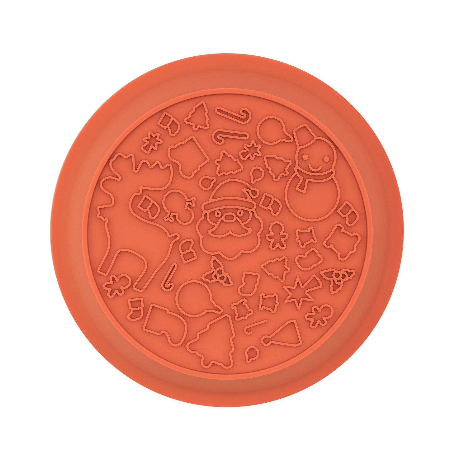 Lick mat side of the orange festive dog bowl with raised Christmas shapes