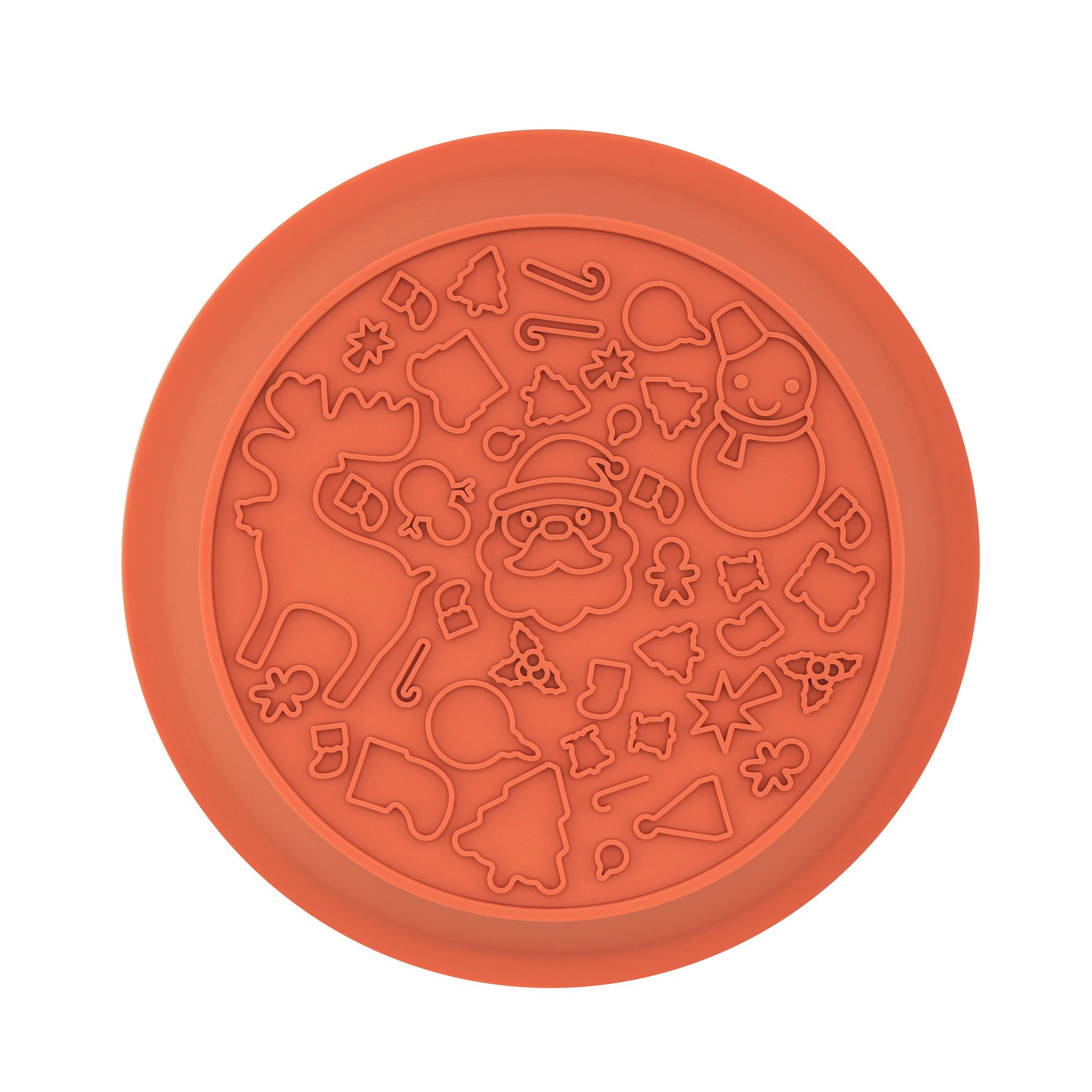 Lick mat side of the orange festive dog bowl with raised Christmas shapes