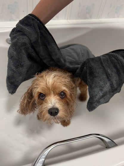 Damp curly coated dog being dried in the bath with the microfibre loop towel held using the built in hand pockets