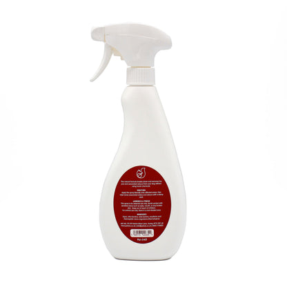 Back label of the Pet Wiz fox poo remover spray showing directions, warnings and the ingredients list