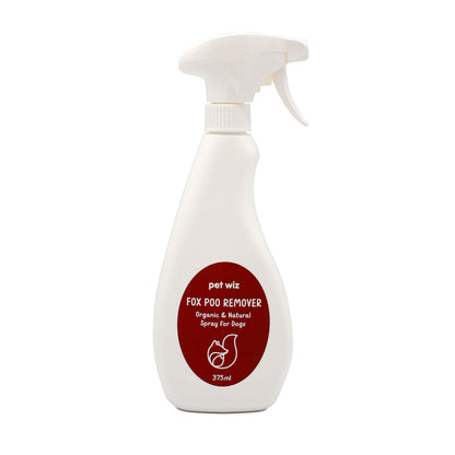 Pet Wiz fox poo remover spray for dogs, 375ml white trigger spray bottle with a deep red label