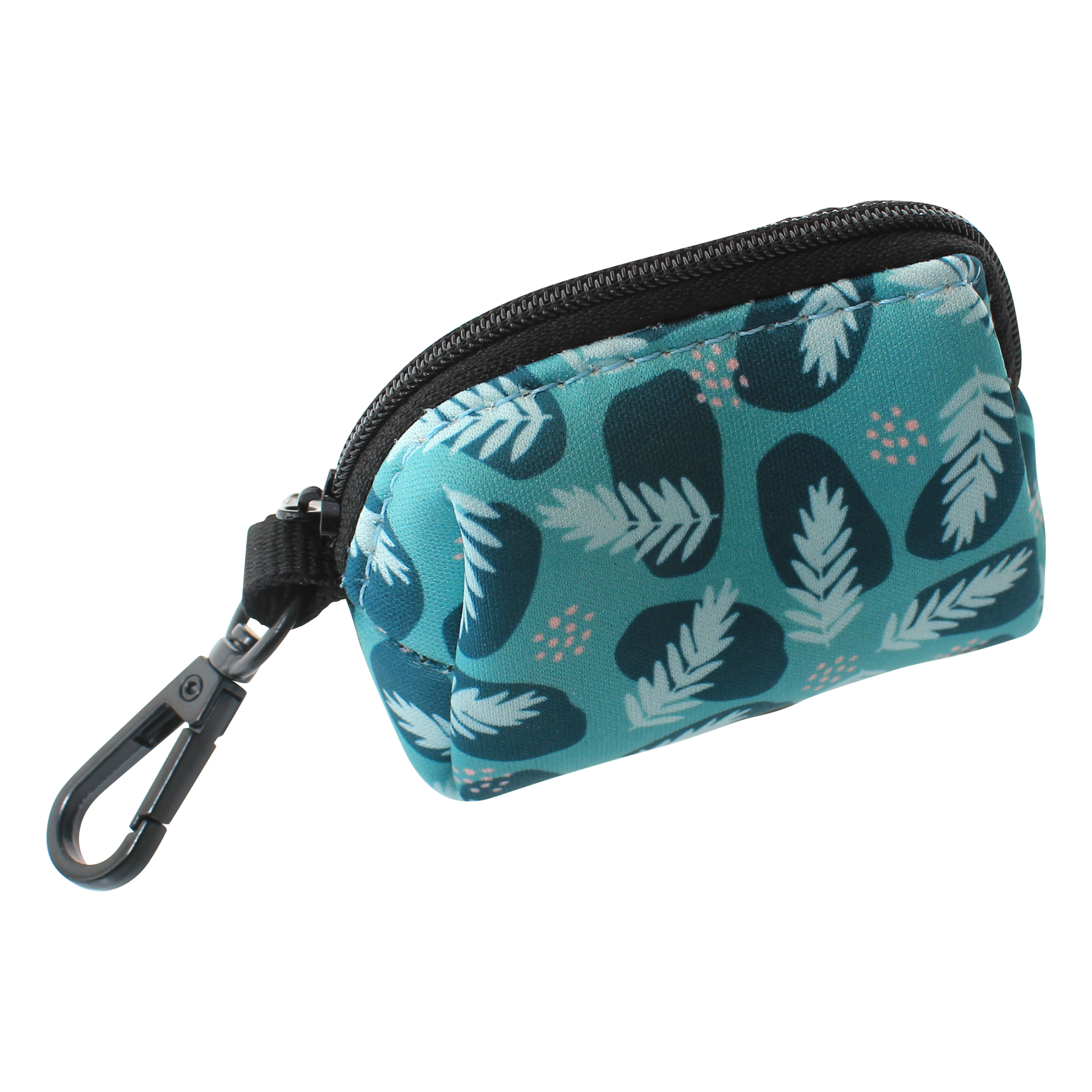 Teal leaf print poo bag holder with zip and lead clip