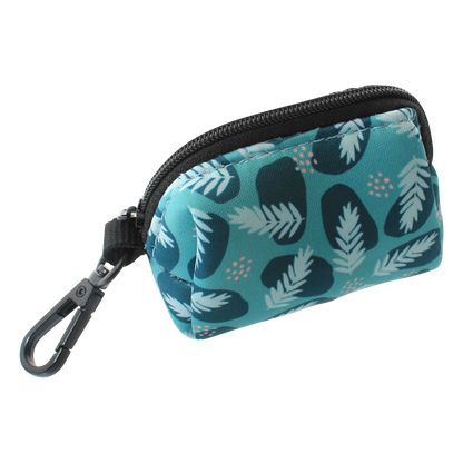 Teal leaf print poo bag holder with zip and lead clip