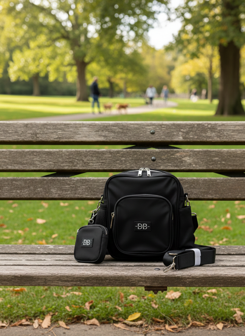 The OG black dog walking bag on a park bench, with the treat pouch and strap beside it