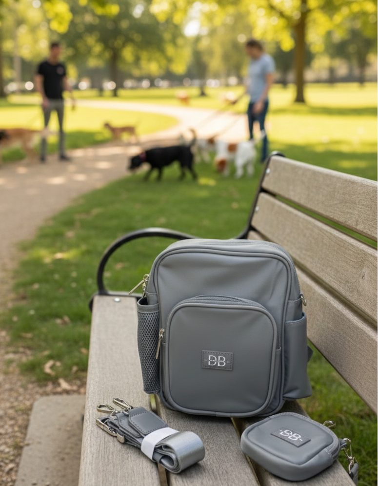 The PEBBLE grey dog walking bag on a park bench, with the strap and matching treat pouch beside it