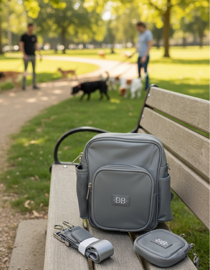 The PEBBLE grey dog walking bag on a park bench, with the strap and matching treat pouch beside it
