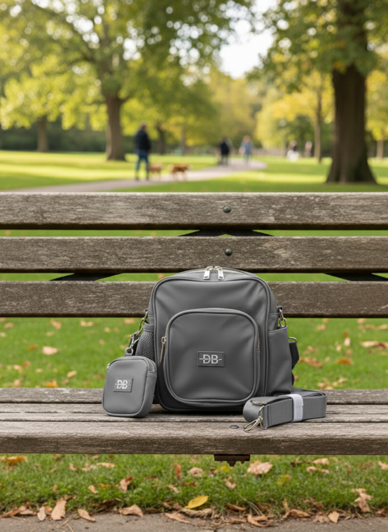 The PEBBLE grey dog walking bag that converts from bum bag to shoulder bag