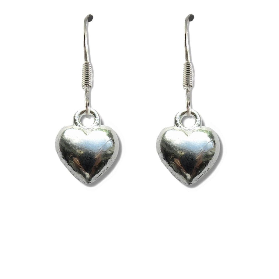 Pair of silver plated puffed heart drop earrings on fishhook wires, shown on a plain white background.