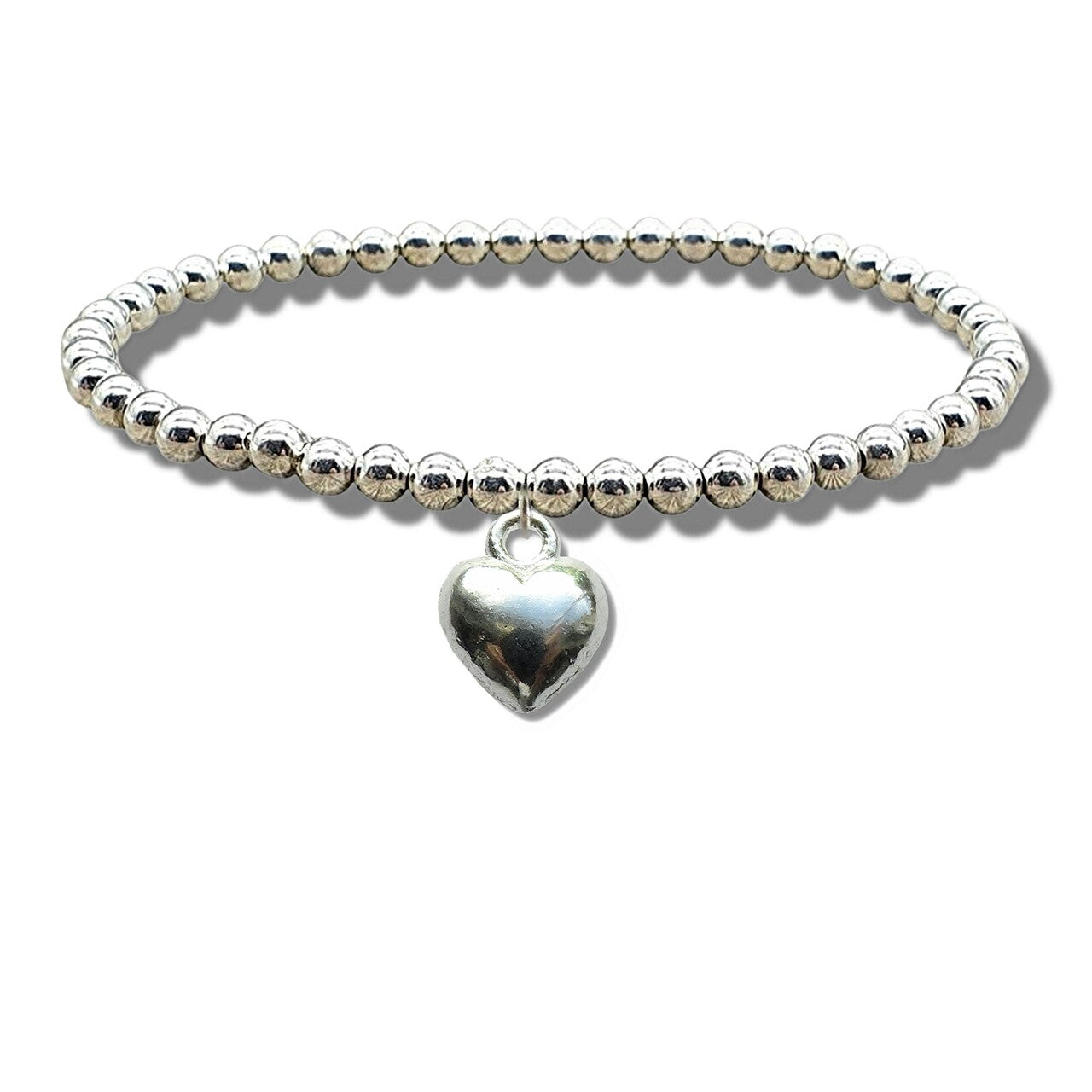 Silver plated beads and puff heart charm on the stretch elastic bracelet, shown in detail