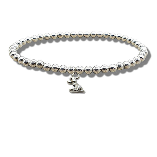 Little dog charm beaded bracelet with silver plated beads on stretch elastic and a small silver plated dog charm