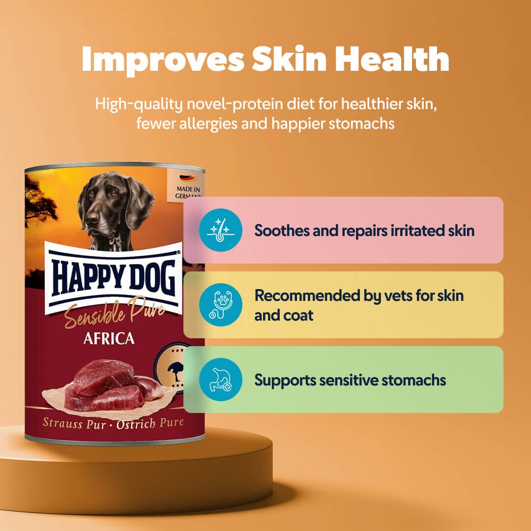 Pure Ostrich wet dog food tin, front label