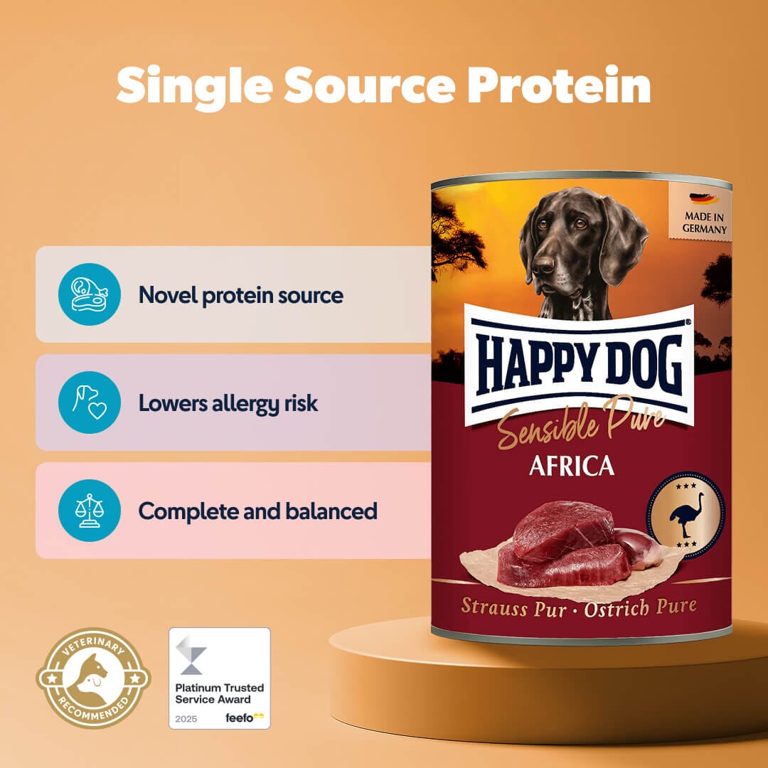 Ostrich wet dog food served in a bowl