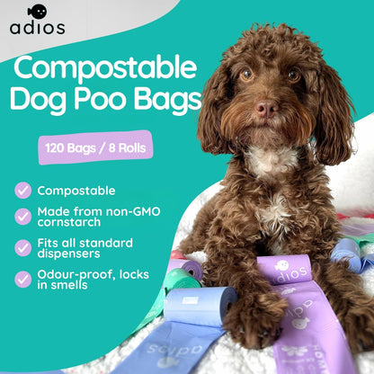 Adios Plastic - Rainbow Compostable Poo Bags, 120 Bags (8 Rolls)