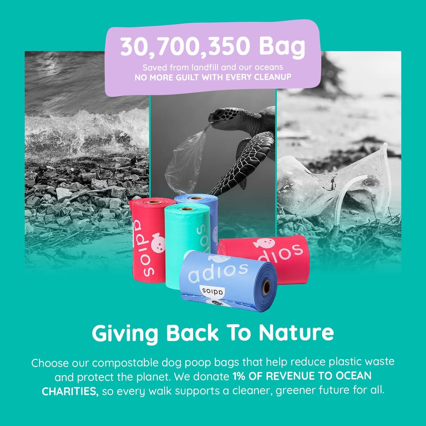 Adios Plastic - Rainbow Compostable Poo Bags, 120 Bags (8 Rolls)