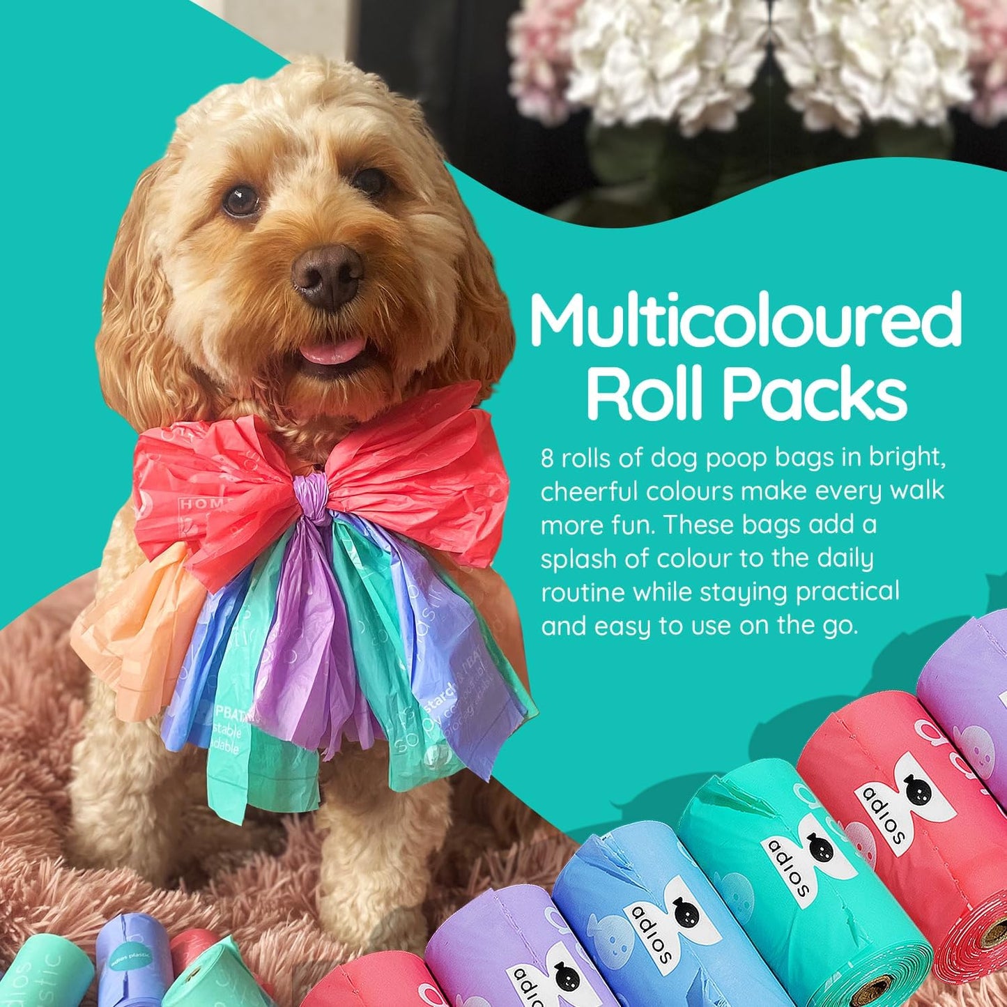 Adios Plastic - Rainbow Compostable Poo Bags, 120 Bags (8 Rolls)