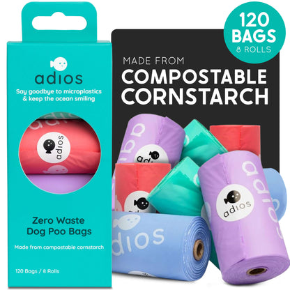 Adios Plastic - Rainbow Compostable Poo Bags, 120 Bags (8 Rolls)