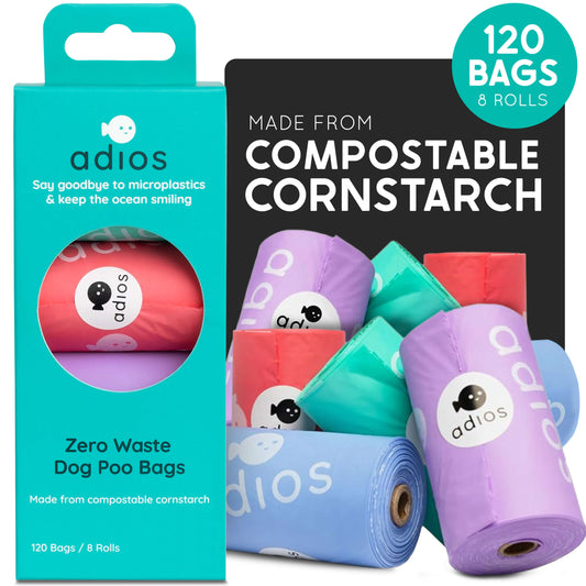 Adios Plastic - Rainbow Compostable Poo Bags, 120 Bags (8 Rolls)