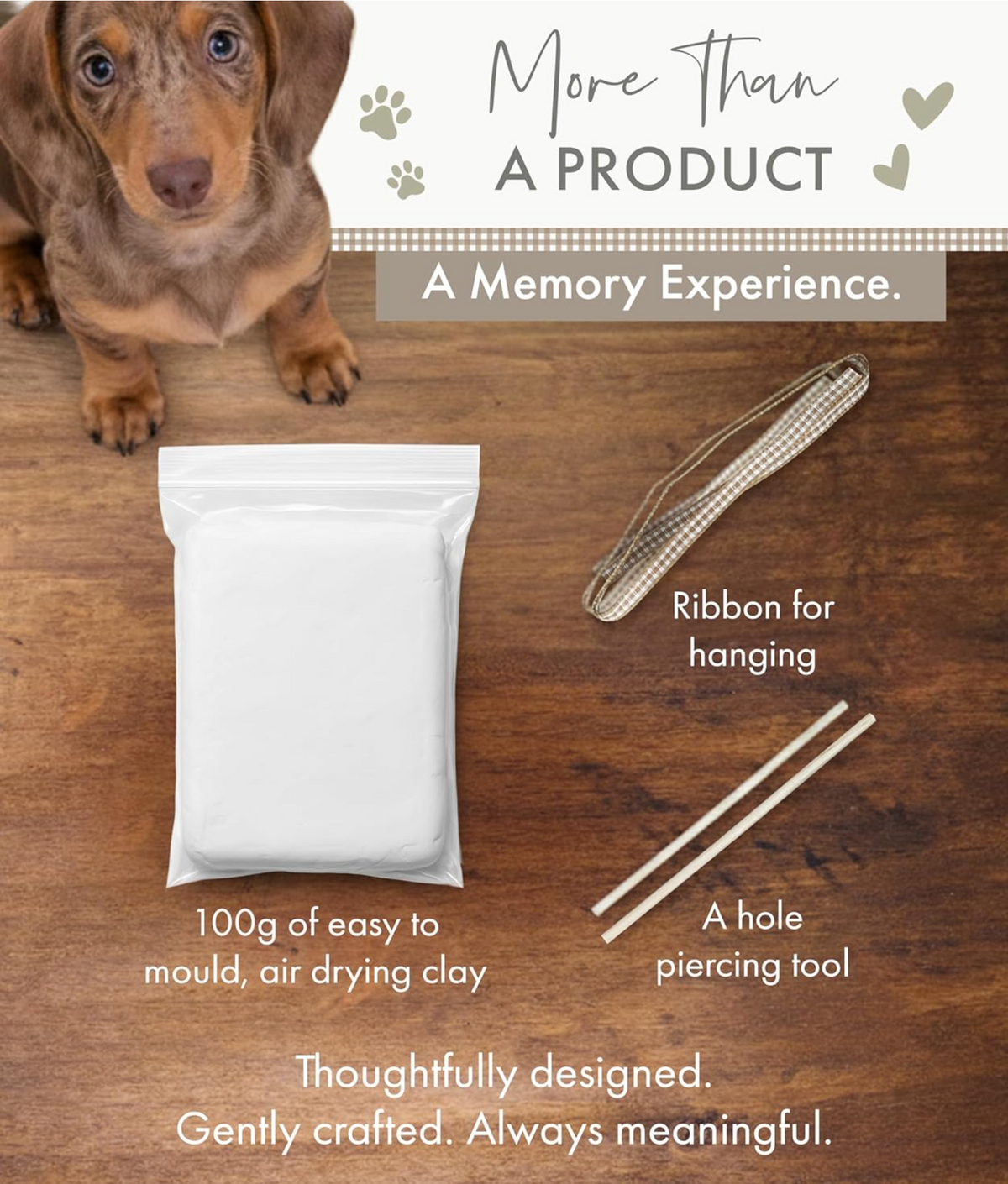 Clay impression kit contents with clay, piercing tool and ribbon