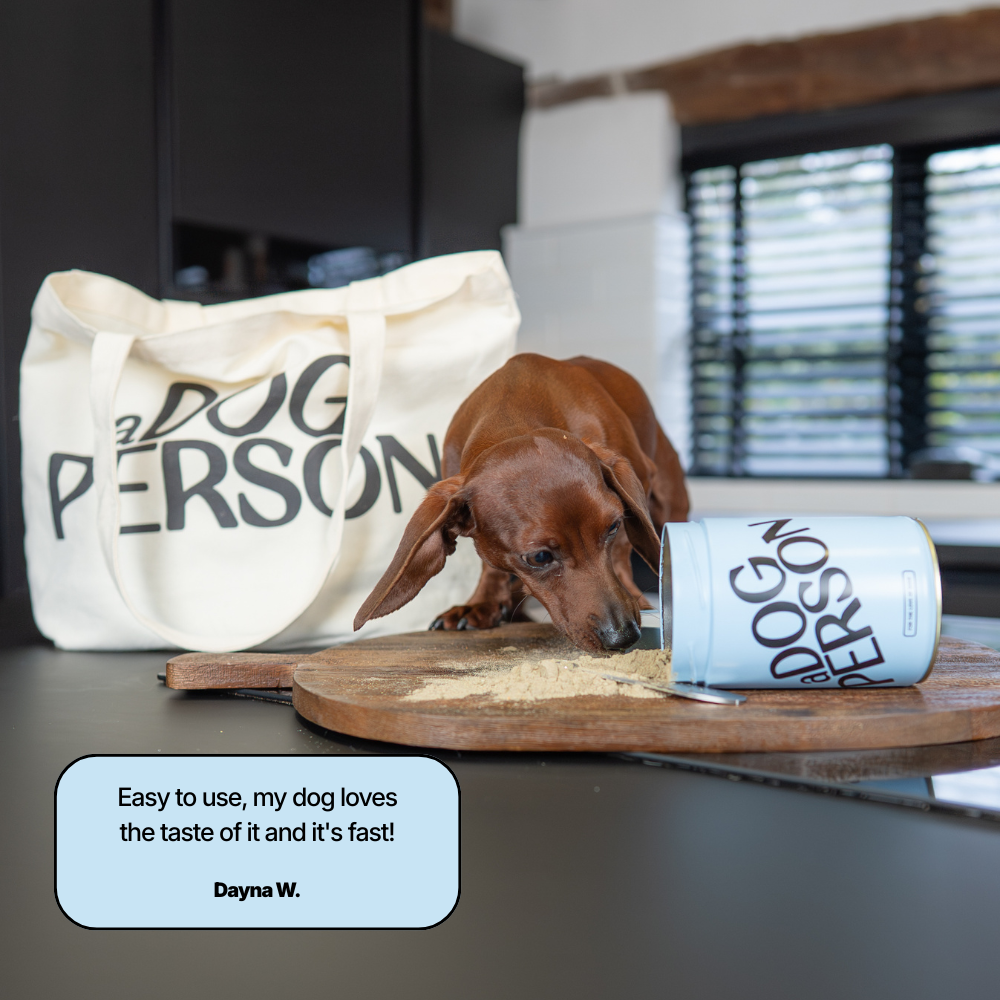 A dog being fed The All Rounder supplement in its food bowl