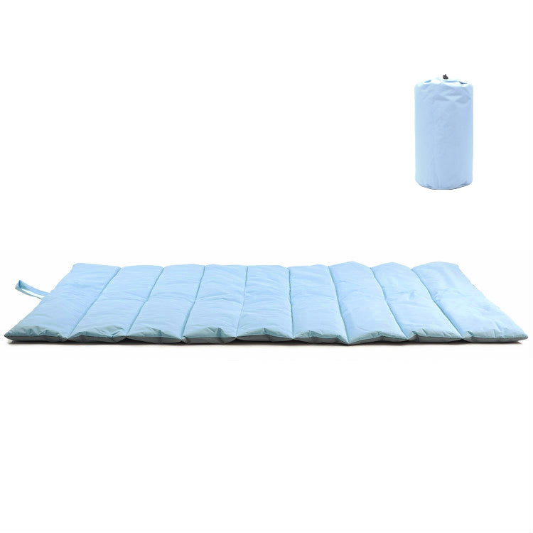 Baby blue roll-up dog travel mat laid flat beside its matching carry case