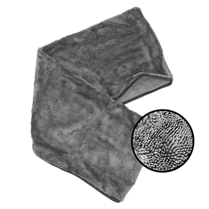 Charcoal grey 1400gsm microfibre dog drying towel folded flat, with a close up inset showing the twisted loop pile